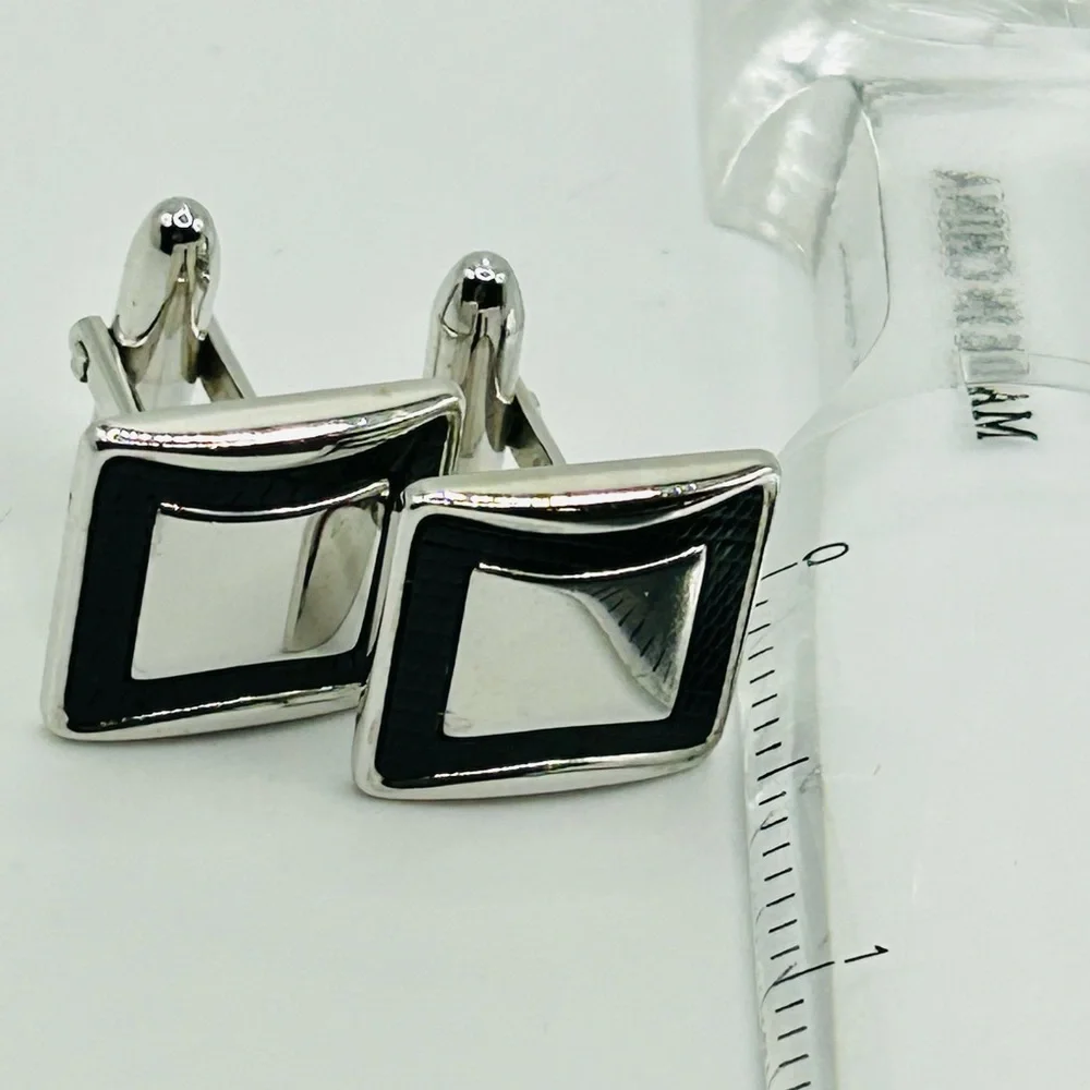Elegant silver tone & black square minimalist Cuff links: quiet luxury